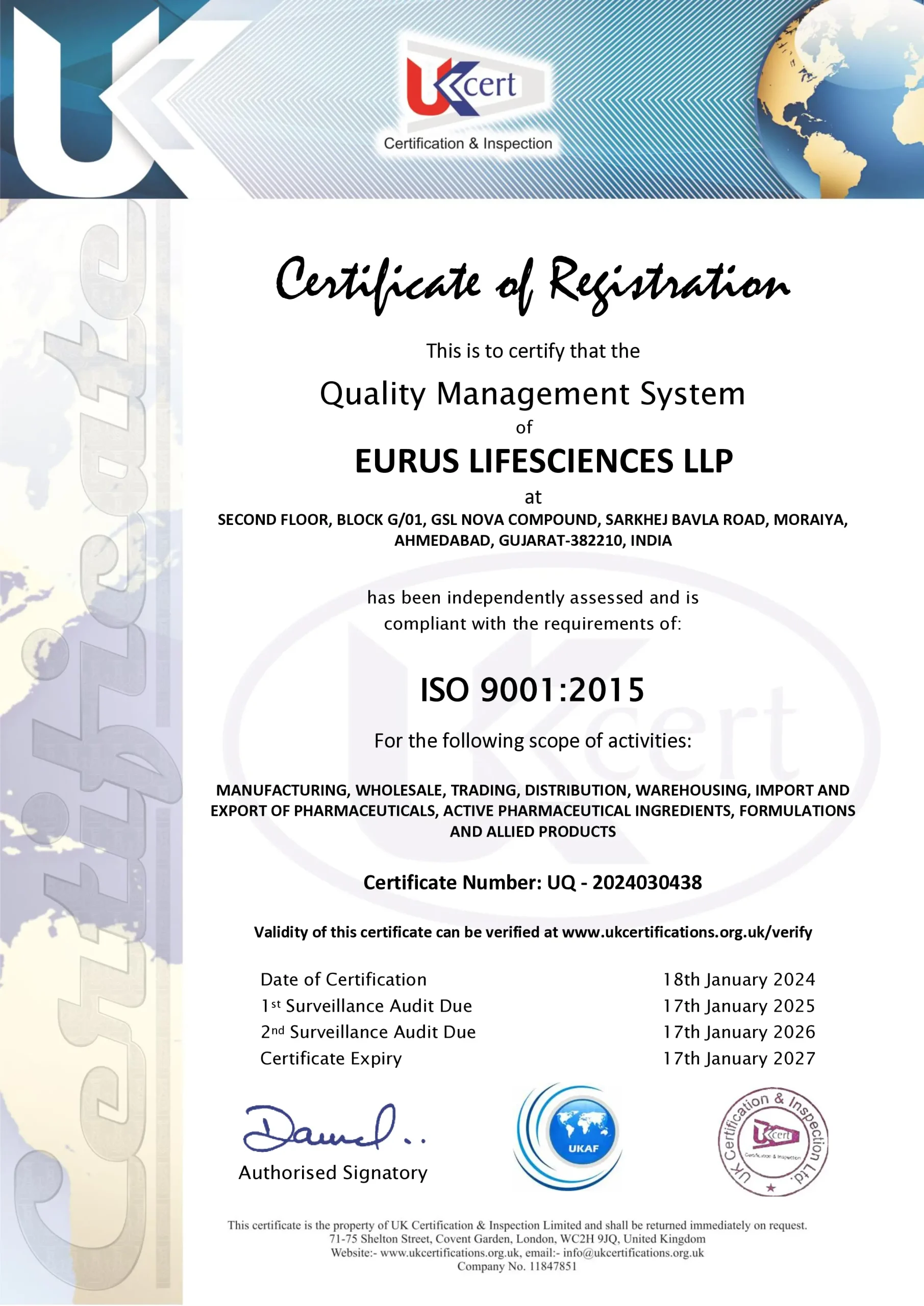 ISO 9001:2015 — Eurus Lifesciences LLP