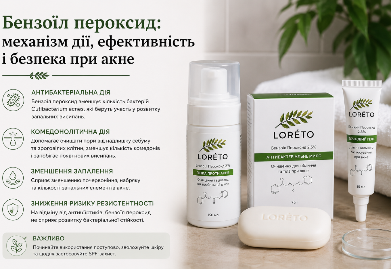 Бензоїл пероксид від акне: дія, ефективність і безпека | Loreto